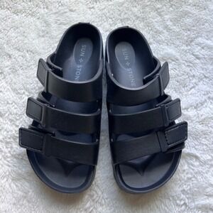 Sun + Stone Girls Black Triple Strap Adjustable Slide Sandals Size 1‎ NWOB